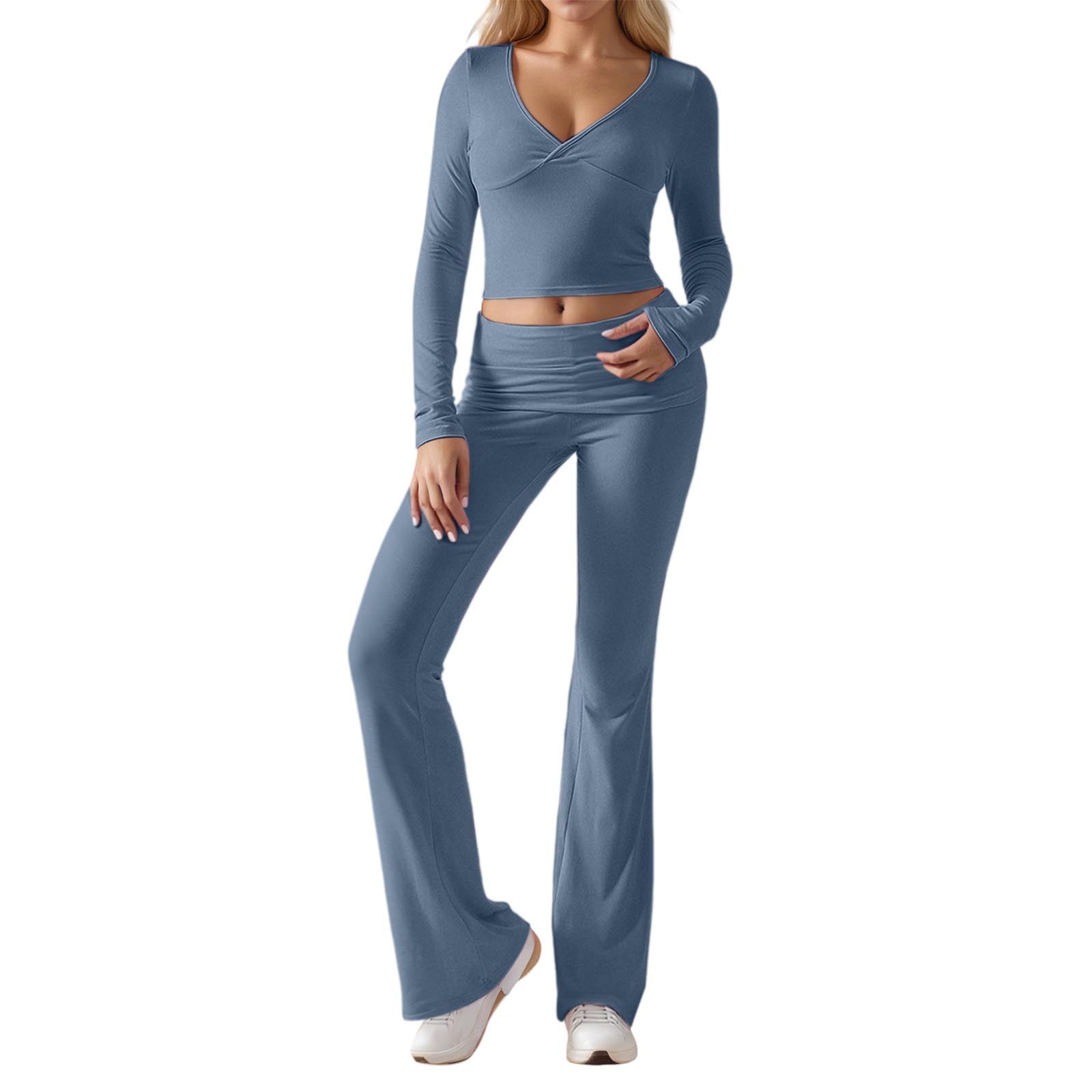 thumbnail image 1 of Conjunto de entrenamiento de 2 piezas para mujer: top corto de manga larga y pantalones de yoga con vuelta, conjunto de fitness a juego, 1 of 5